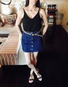 Chic & petit  TOPSHOP plunge V-neck cami, MOTO Vintage button front denim skirt. Country Road leopard print belt and Jacinda slides Leopard Print Belt, Button Front Denim Skirt, Moto Vintage, Vintage Button, Country Road, Denim Skirt, Leopard Print, Slides, Topshop