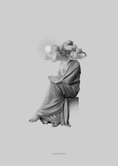 a black and white drawing of a woman with clouds on her head, reading a book