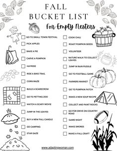 the fall bucket list for empty nests is shown in black and white with autumn leaves