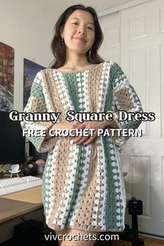 a woman standing in front of a desk wearing a crochet granny square dress