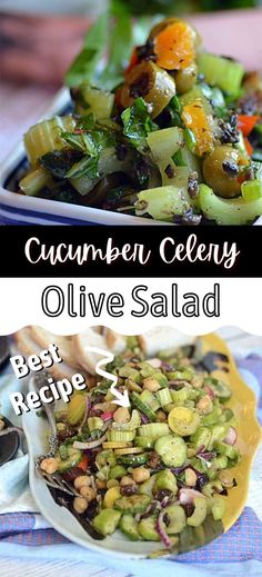 Collage of plateful of cucumber celery olive salad at top and bottom. Dairy Free Dips, Celery Salad, Different Salads, Healthy Food Habits, Olive Salad, Healthy Food Facts, Chickpea Recipes, Healthy Ingredients