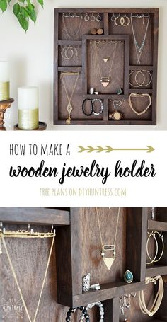 a wooden jewelry holder with lots of necklaces on it