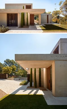 two pictures of the outside of a house with trees and grass in front of it