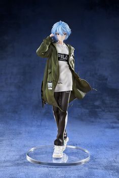 an anime figurine is posed on a clear base with blue hair and black pants