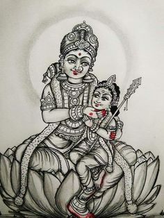 a drawing of a mother and child sitting on top of a lotus with an arrow in her hand