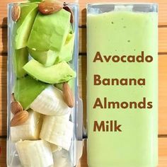 a container filled with bananas and almonds next to a carton of milk that says avocado banana almonds milk