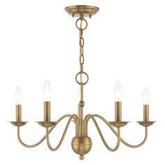 a brass chandelier with five lights hanging from it's center and four arms