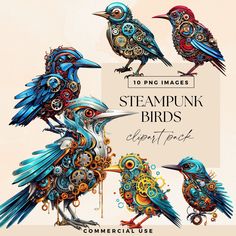 the steampunk birds are designed to look like they have gears in their beaks