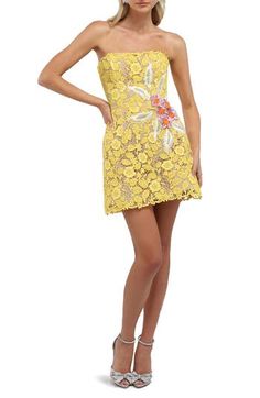 Say cheers at your next garden party in this lovely lace minidress embellished with beautifully embroidered fabric flowers and leaves. 26" center front length (size Medium) Hidden back-zip closure Strapless Lined 100% polyester Dry clean Imported Hispanic & Latinx Owned/Founded Strapless Lace Summer Dress, Strapless Lace Dress For Summer, Summer Strapless Scalloped Lace Dress, Strapless Scalloped Lace Summer Dress, Strapless Lace Dress For Spring Cocktail, Spring Party Lace Dress With Floral Print, Strapless Lace Cocktail Dress For Spring, Lace Cocktail Dress With Floral Applique, Floral Applique Lace Dress For Garden Party