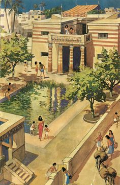 an old painting of people walking around in front of a water fountain and buildings with palm trees