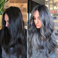 Silver and Dirty Blonde Highlights for Brunettes Blending Greys In Black Hair, Brunette Hair Grey Coverage, Dark Brown Hair Transition To Grey, Natural Grey Streaks In Dark Hair, Mommy Hair Makeover, Grombre Transition Brunette, Dark Grey Hair, Brunette With Blonde Highlights, Ashy Hair