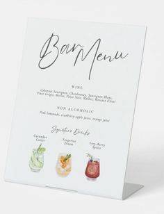 a menu card with three different drinks on the front and bottom, in black ink