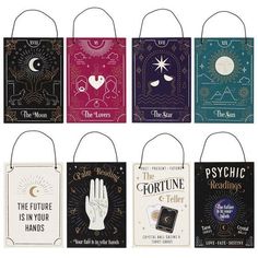 six book bags with the words psychic and hand signs on them, all in different colors