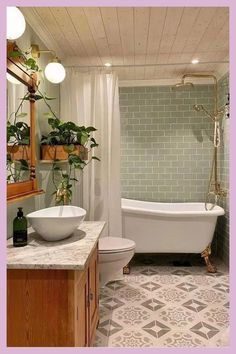 a bath room with a tub a sink and a mirror on the wall next to a toilet