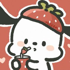 a cartoon character holding a cup with strawberries in it's mouth and wearing a red hat