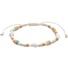 a white bracelet with multicolored beads and an orange, green, yellow and pink beaded cord