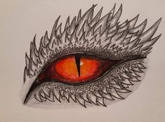 a drawing of an eye with red and black feathers on it's irises