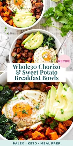 two bowls filled with sweet potato breakfast bowls and topped with avocado, spinach,