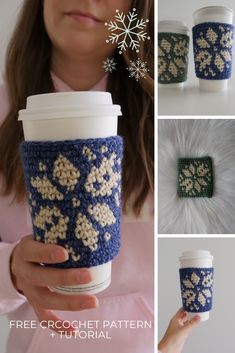 coffee cup cozyie crochet pattern with snowflakes on it and instructions