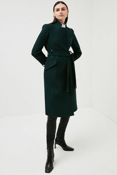 Wrap Up Seasonal Style Dilemmas With This Luxurious Italian Wool Coat. Crafted From The Finest Fabrics And Featuring A Sophisticated Wrap-Front Silhouette And Matching Belt, This Polished Cover-Up Accents Smart Looks With Ease. Notched Lapels Lend A Refined Finish. Emerald Green Winter Outfit, Elegant Fitted Pea Coat With Belted Cuffs, Chic Fitted Wool Coat With Belted Cuffs, Elegant Pea Coat With Belted Cuffs For Work, Elegant Office Pea Coat With Belted Cuffs, Elegant Long Belted Pea Coat, Modern Belted Wool Coat For Work, Fitted Belted Wool Coat For Office, Fitted Wool Coat With Belted Cuffs For Office