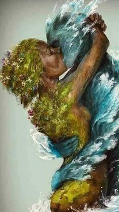 a painting of a person in the water with their arms around each other, hugging