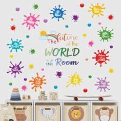 the children's room is decorated with colorful wall decals and toys for storage