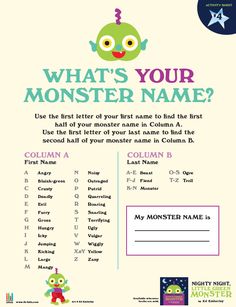 a poster with the words what's your monster name? and an image of a cartoon