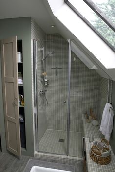 a bathroom with a skylight above the shower