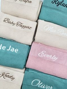 six name labels on different colors of clothing