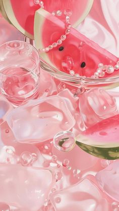 watermelon slices and pearls are on the surface with pink liquid in it, as well as two glasses