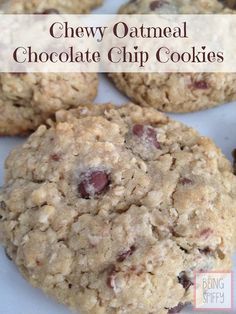 chewy oatmeal chocolate chip cookies on a white plate with text overlay