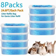 cat litter boxes with four cats sitting in front of them and the text, 8 packs 24