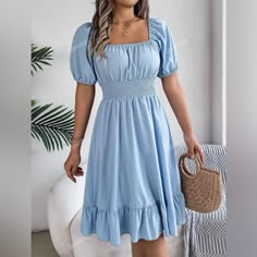 Summer Blue Casual Dress. Short Sleeves. Brand New. Never Worn. فستان زهري, Cute Clothes Ideas, Bat Mitzvah Dresses, Mitzvah Dresses, Vacation Birthday, Ruffle Pattern, Ditsy Floral Dress, Graduation Dresses, Church Dresses