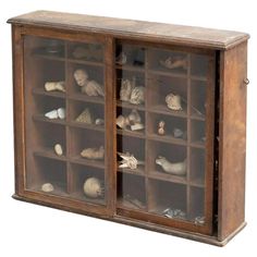 an old wooden cabinet with glass doors filled with shells