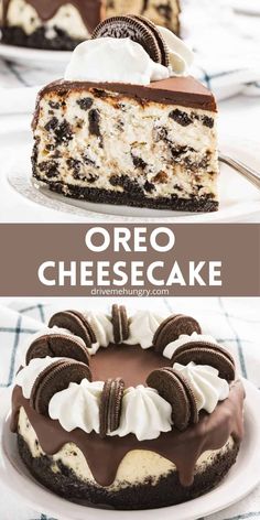 oreo cheesecake on a white plate with the words oreo cheesecake above it