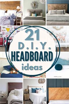 many different pictures with the words diy headboard ideas on them in blue and white