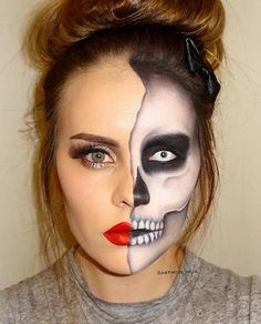 Half-Faced Skeleton Makeup Half Skeleton Face, Skeleton Makeup Ideas, Halloween Skeleton Makeup, Pelottava Halloween, Make Up Diy, Makeup Clown, Halloweenský Makeup, Halloween Make-up Looks, Skeleton Face