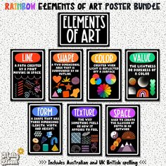 the elements of art poster bundle is shown in black and white, with different colors