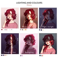 four different types of red hair are shown in this drawing technique, with the words light and