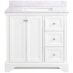 a white bathroom vanity with marble top and drawers on the bottom, in front of a white background