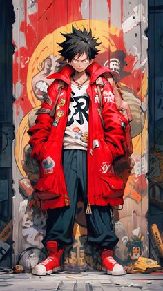 an anime character is standing in front of a graffiti covered wall with his hands on his hips