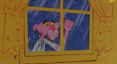 an image of a cartoon character looking out the window at rain coming down on him