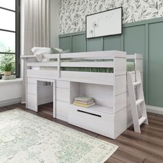 a white bunk bed sitting on top of a hard wood floor next to a window