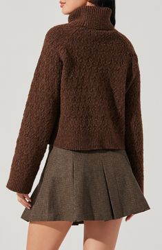 Chunky intricate stitching adds extra cozy points to a wool-kissed sweater knit to a cute, cropped length. 20" length (size Medium) Turtleneck Long sleeves Ribbed cuffs and hem 94% polyester, 6% wool Dry clean Imported Crop Turtleneck Sweater, Crop Turtleneck, Cute Hiking Outfit, Camel Sweaters, Astr The Label, Brown Sweater, Sweater Knit, Comfortable Dress, Winter Sweaters