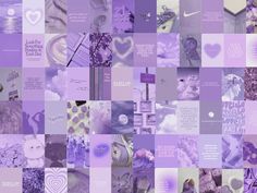 a collage of purple and white pictures with hearts, flowers, and other things