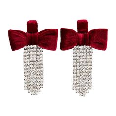 Discover the allure of our Red Velvet Bow Earrings, designed to captivate. Featuring a luxurious velvet bow and exquisite pave rhinestone tassels, these earrings are the epitome of elegance. Crafted with hypoallergenic posts, they offer both style and comfort. Measuring at 2 1/4" x 3 1/4", these earrings ensure a perfect fit. Arriving beautifully packaged on a Kraft card, they make a charming gift choice. From holiday celebrations to formal events, these earrings are a must-have accessory, adding a touch of refinement to any outfit. | Mud Pie Women's Velvet Bow Earrings in Red Velvet Earrings, Erin Rose, Black Velvet Bow, Rompers Dressy, Rose Boutique, Earrings Red, Bow Earrings, Velvet Bow, Mud Pie