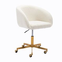 an office chair with wheels and a white upholstered seat, on a wooden base