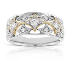 Filigree diamond band in yellow and white gold has a distinctively vintage feel with .32 total carat weight in diamonds, in 14K. Stay Hungry, Jewellery Ring, Style Pant, Diamond Band Ring, Dress Ring, Rings Diamond, Ring Antique, Gold Filigree, Dress Rings