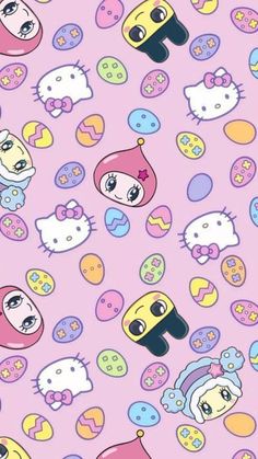 an image of hello kitty wallpaper with donuts and cats on it's pink background