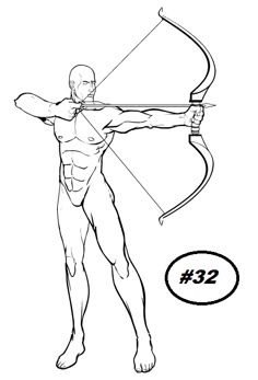 an outline drawing of a man holding a bow and arrow with the number 32 on it